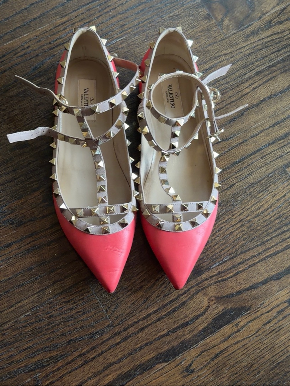 Valentino Rockstud Pointed T-Strap Flats - Coral with Nude Trim